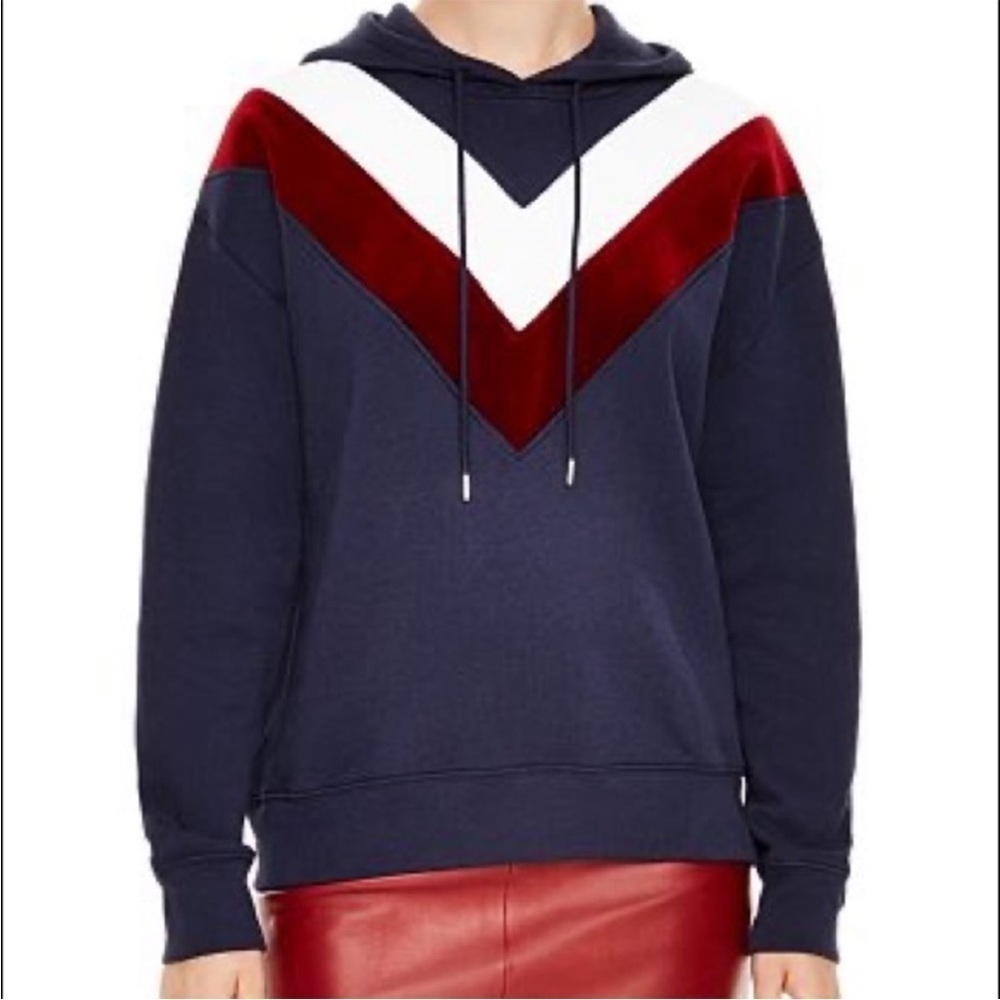 Sandro Paris Gena Marine Navy Blue White Red Velvet Hoodie Sweatshirt Small
